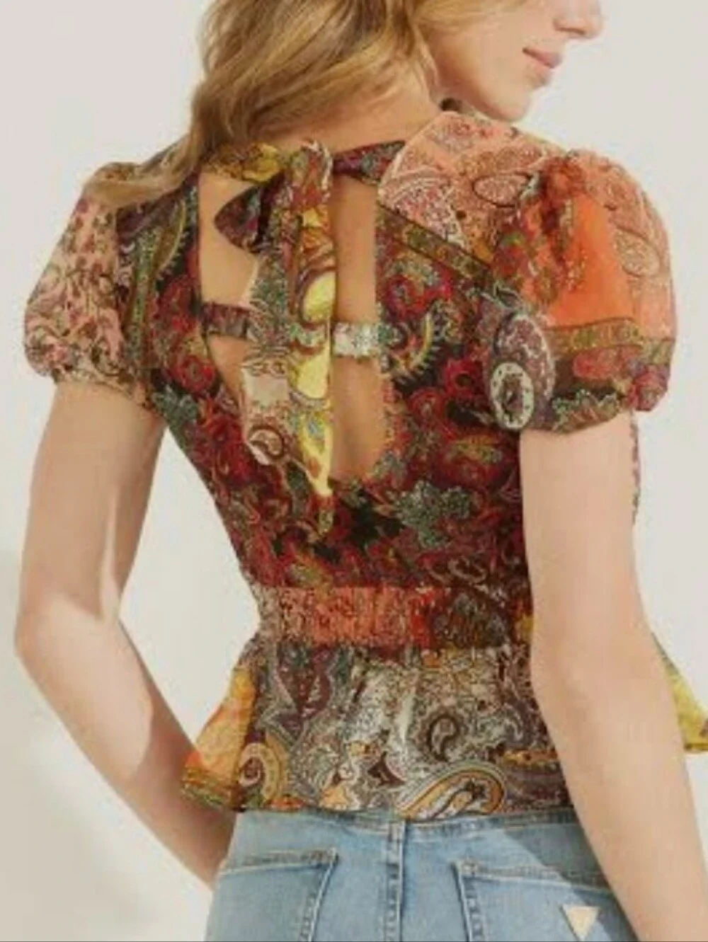 GUESS Eco Paisley Fields Print Peplum Top (Fits Medium/Large)